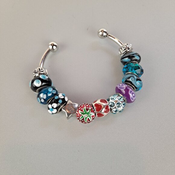 Silver Open Bracelet w/Removeable Lampwork Beads - Picture 1 of 11